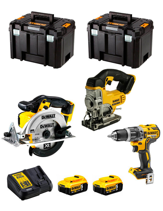 Kit marteau perforateur Dewalt DCD796 + scie sauteuse DCS331 + scie circulaire DCS391 + 2 bat 5 Ah + chargeur + 2xTSTAK VI DCK391P2