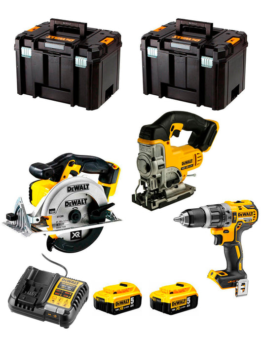 Kit marteau perforateur Dewalt DCD796 + scie sauteuse DCS331 + scie circulaire DCS391 + 2 bat 5 Ah + chargeur + 2xTSTAK VI DCK391P2