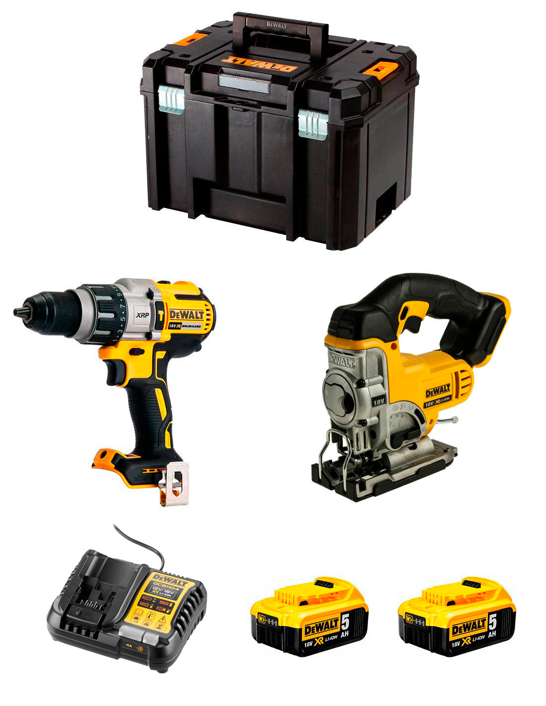 Kit Dewalt Marteau perforateur DCD996 + Scie sauteuse DCS331 + 2bat 5Ah + Chargeur + TSTAK VI DCK234P2