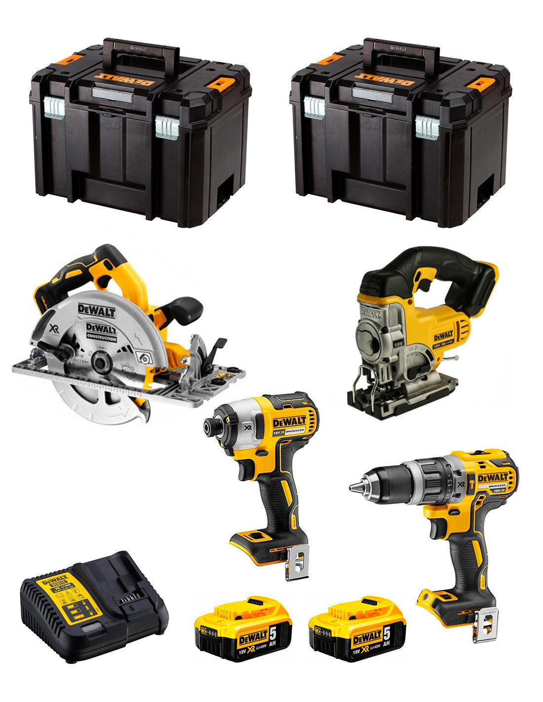 Kit Dewalt 4 herramientas + 2 bat 5ah + Cargador DCB115 + 2xTstak VI Kit DCK470P2