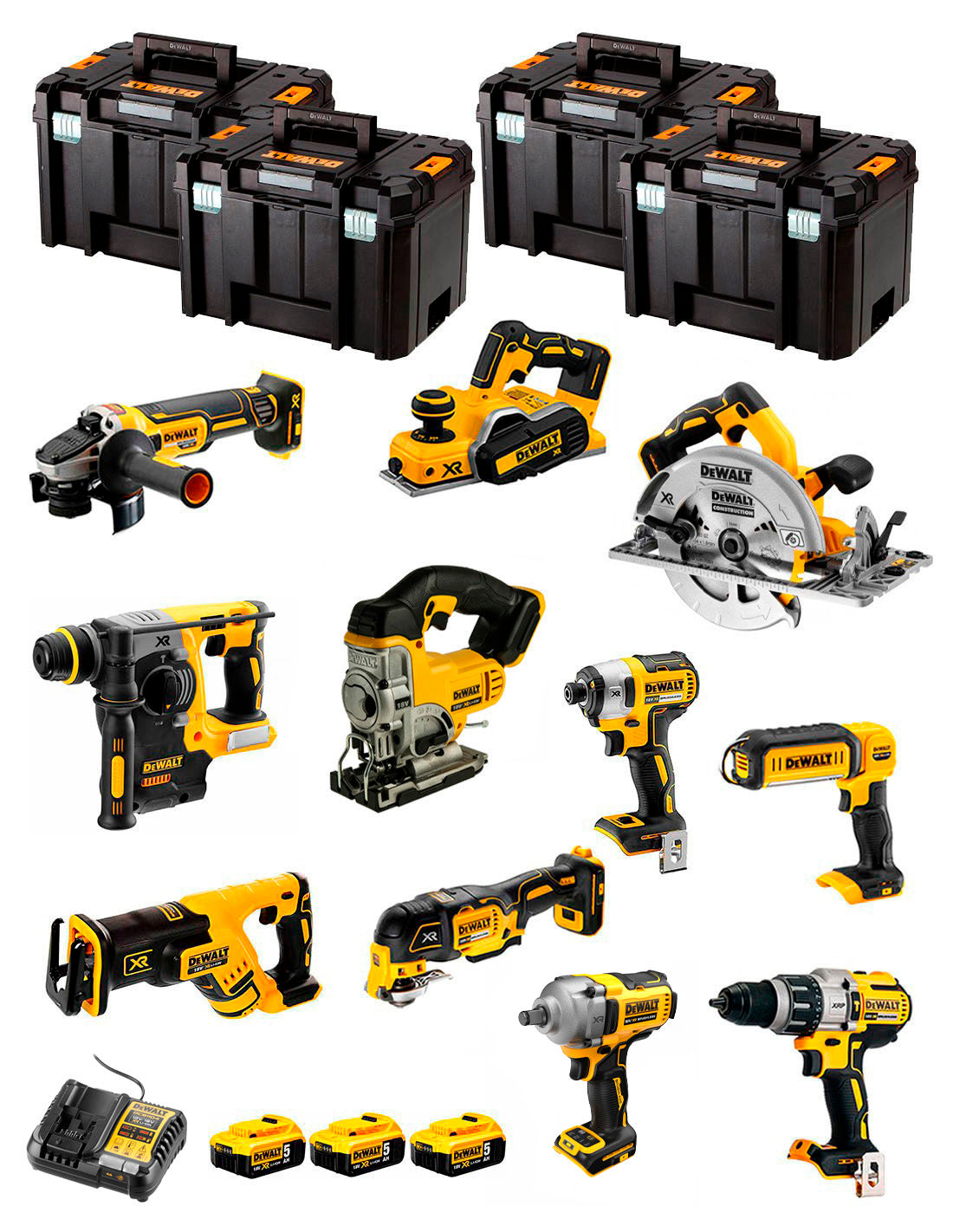 Kit Dewalt 11 outils + 3bat 5Ah + Chargeur DCB1104 + 4xTSTAK DCK116P3