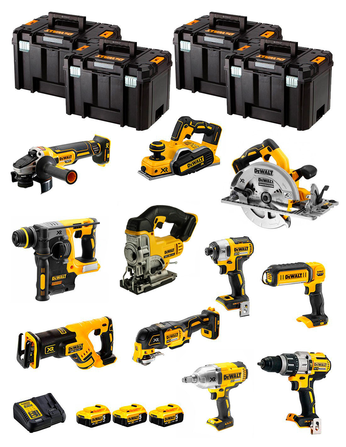 Kit Dewalt 11 outils + 3bat 5Ah + Chargeur DCB115 + 4xTSTAK DCK116P3