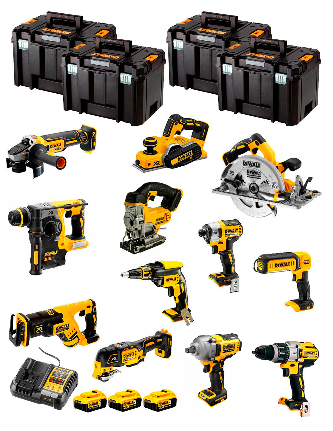 Kit Dewalt 12 outils + 3bat 5Ah + Chargeur DCB1104 + 4xTSTAK DCK127P3
