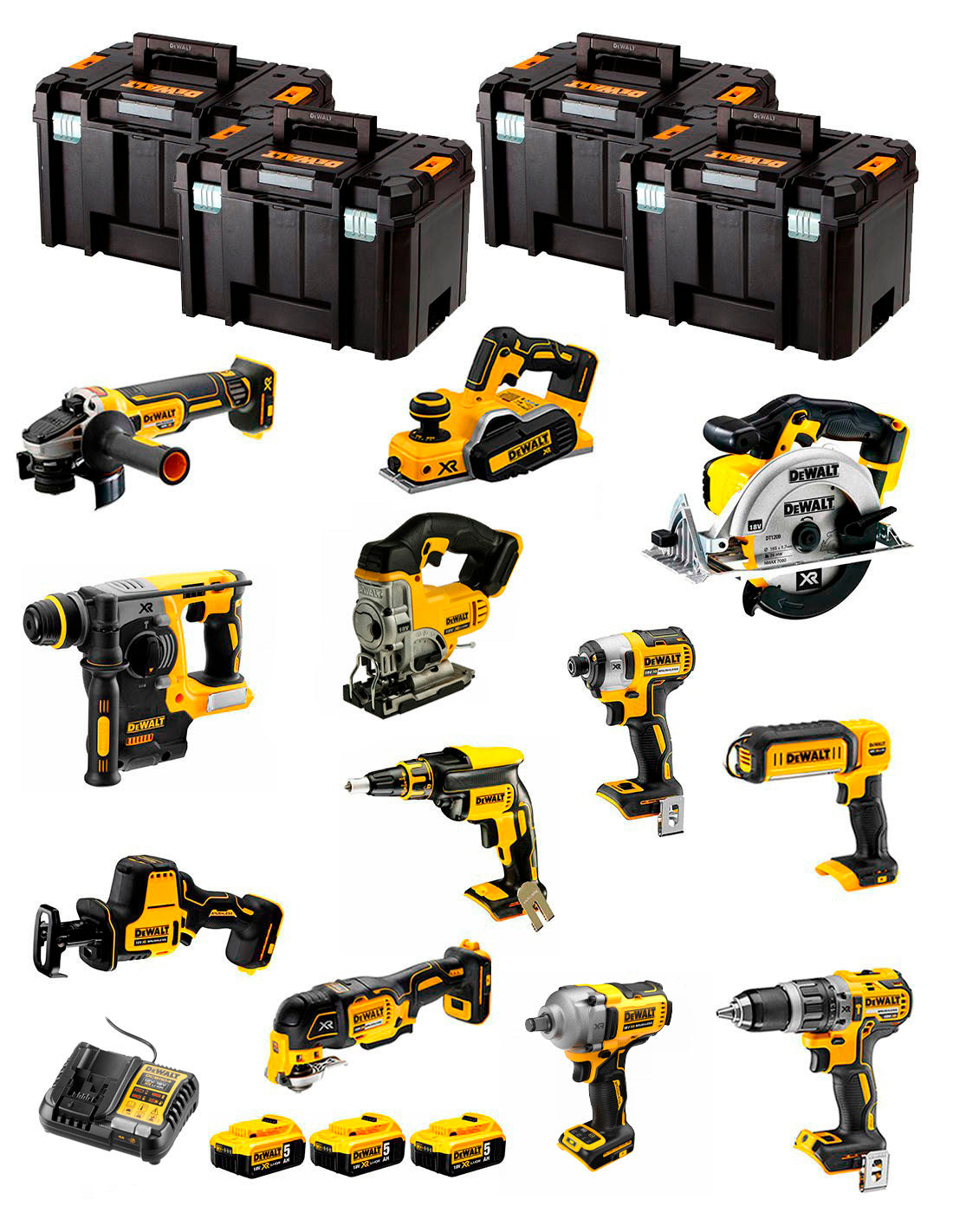 Kit Dewalt 12 outils + 3bat 5Ah + Chargeur DCB1104 + 4xTSTAK DCK129P3