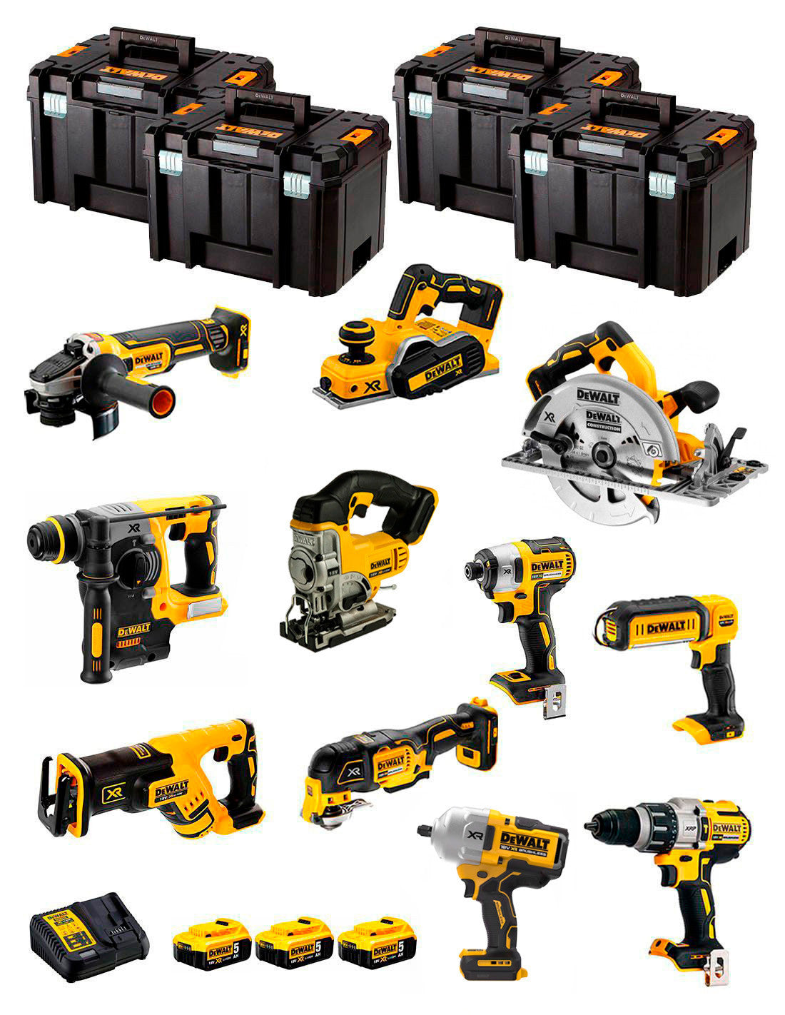 Kit Dewalt 11 outils + 3bat 5Ah + Chargeur DCB115 + 4xTSTAK DCK110P3