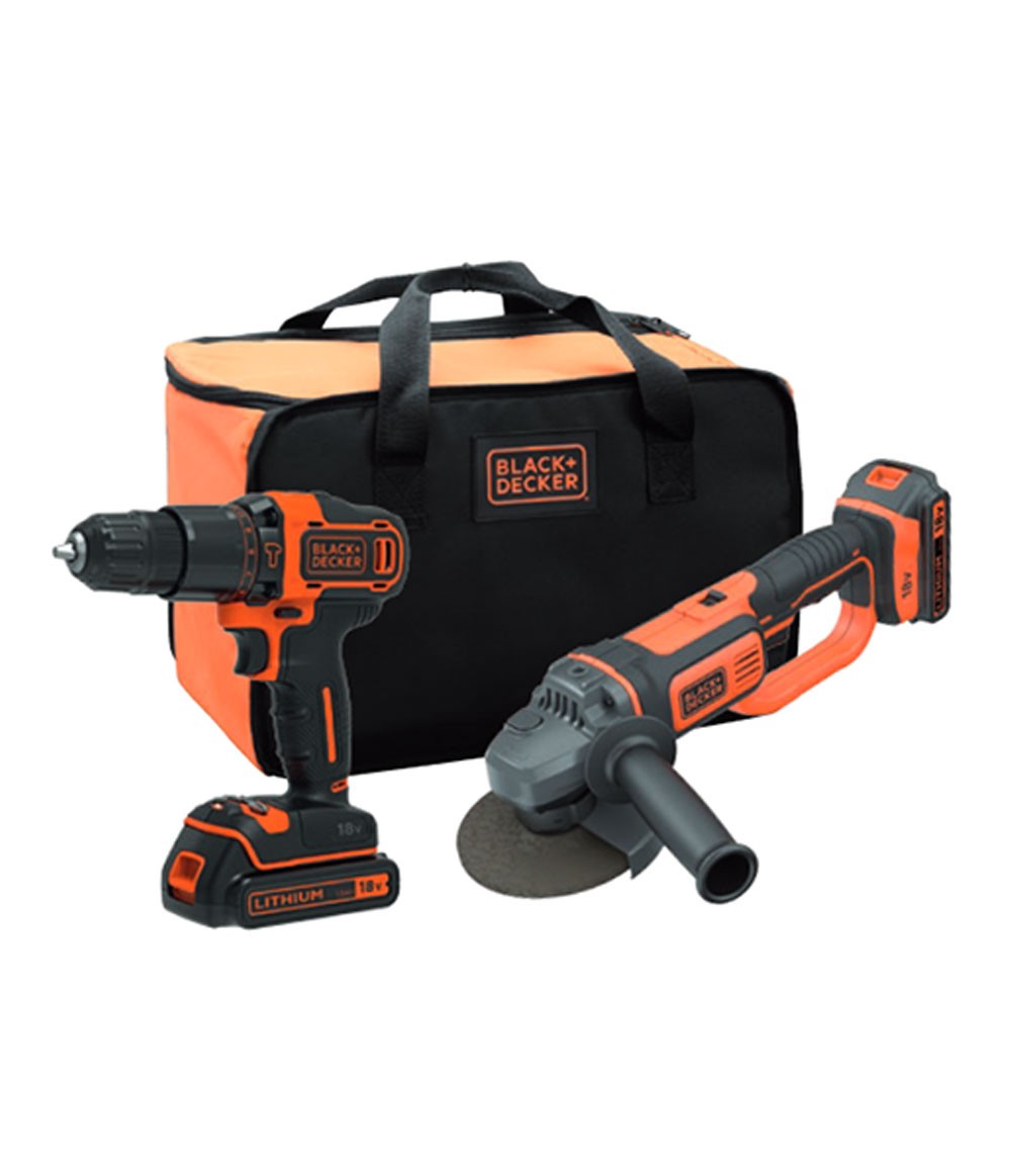 Set Taladro Percutor + Amoladora 125mm Black+Decker 18V + 2 Baterías 2,0Ah y Bolsa de Transporte BCK24D2S-QW