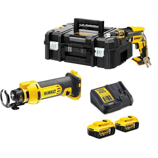 Combo plaques de plâtre : Scie à plâtre DCE555N + Tournevis Pladur Dewalt DCF620NT + 2 Batteries 5Ah + Chargeur