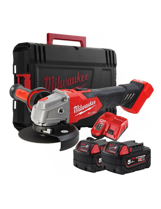 Meuleuse d’angle M18 125 mm avec frein et interrupteur à bouton + 2 batteries 5 Ah + chargeur + mallette Milwaukee M18 FSAG125XB-502X