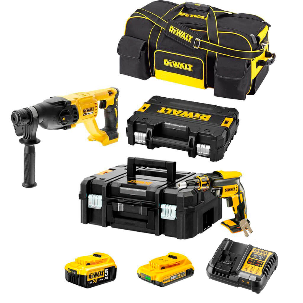 Combo plaques de plâtre : Tournevis Pladur DCF620 + Marteau léger Dewalt DCH133 + 2 piles 18V + Sac de transport