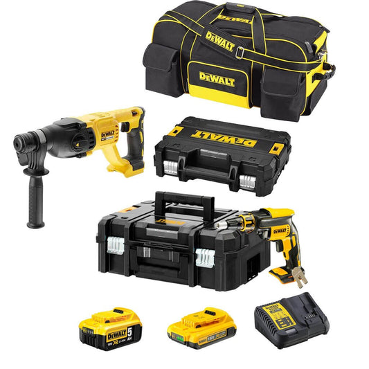 Combo plaques de plâtre : Tournevis Pladur DCF620 + Marteau léger Dewalt DCH133 + 2 piles 18V + Sac de transport