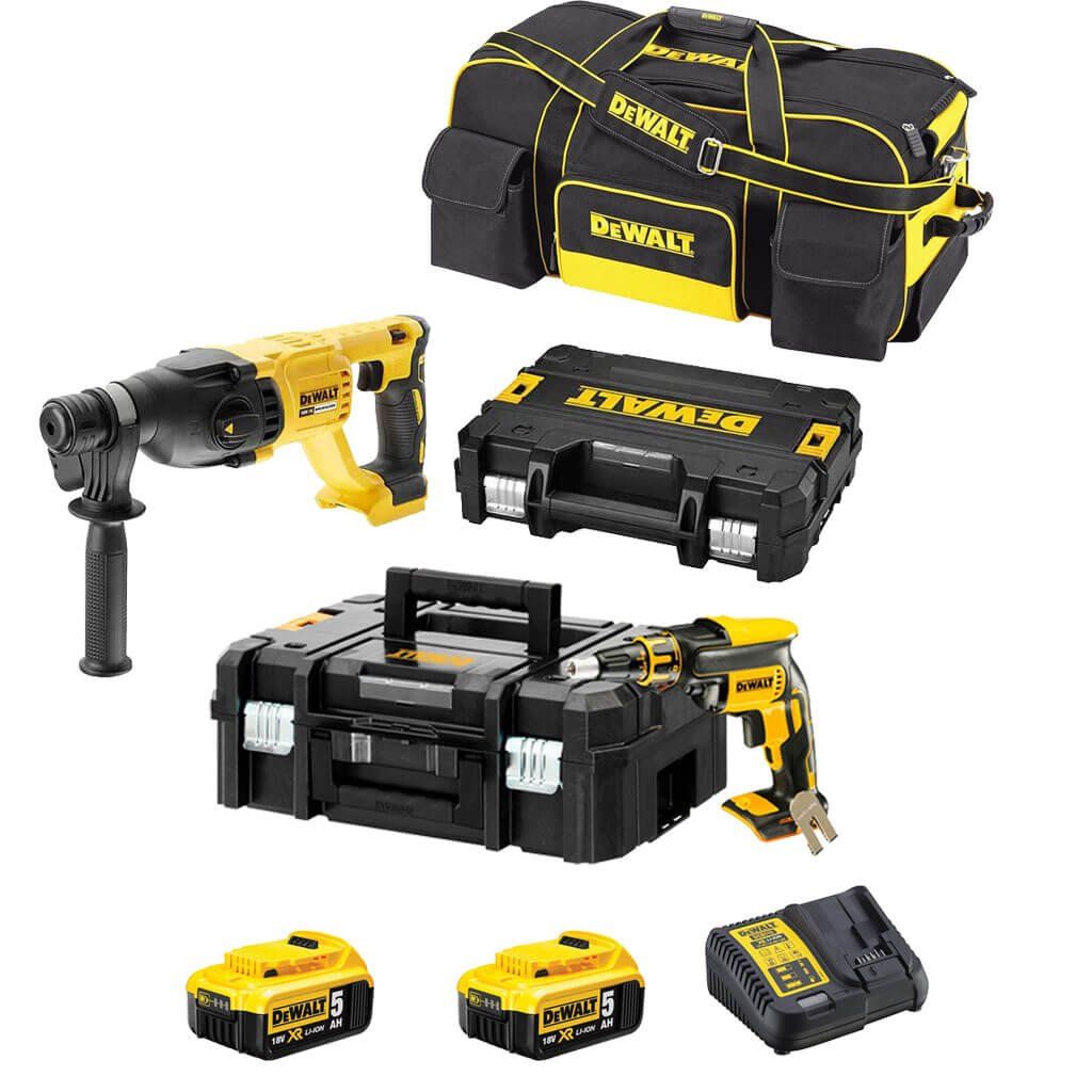 Combo plaques de plâtre : Tournevis Pladur DCF620 + Marteau léger Dewalt DCH133 2 Batteries 5Ah 18V + Sac de transport