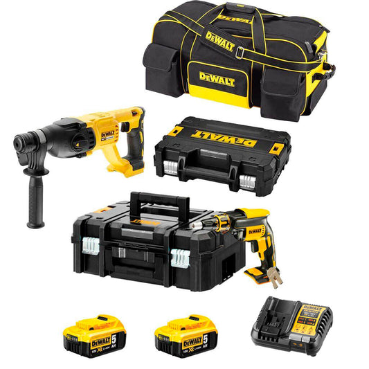 Combo plaques de plâtre : Tournevis Pladur DCF620 + Marteau léger Dewalt DCH133 2 Batteries 5Ah 18V + Sac de transport