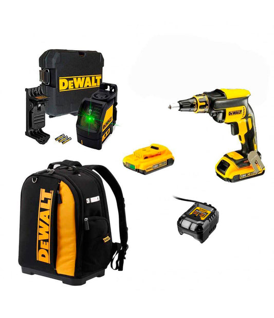 Combo Tournevis Pladur DCF620 + 2 Bat 2Ah + Laser DW088CG + Sac à dos Dewalt CPROF593