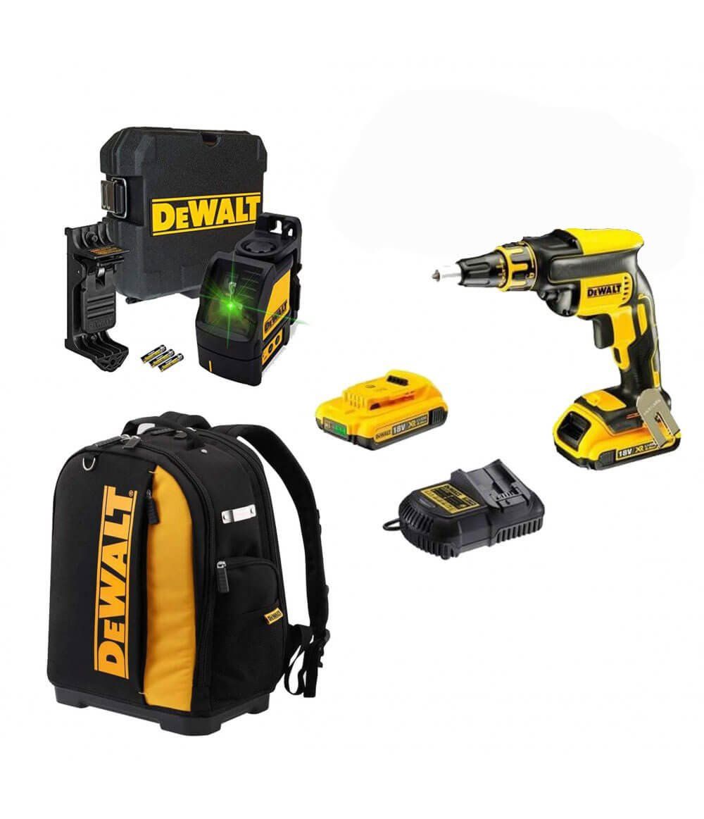 Combo Tournevis Pladur DCF620 + 2 Bat 2Ah + Laser DW088CG + Sac à dos Dewalt CPROF593