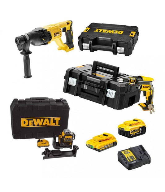 Combo Panneau de Gypse Méga : Tournevis DCF620 + Marteau DCH133 + Niveau DCE089D1R + 2 Batteries Dewalt 18V