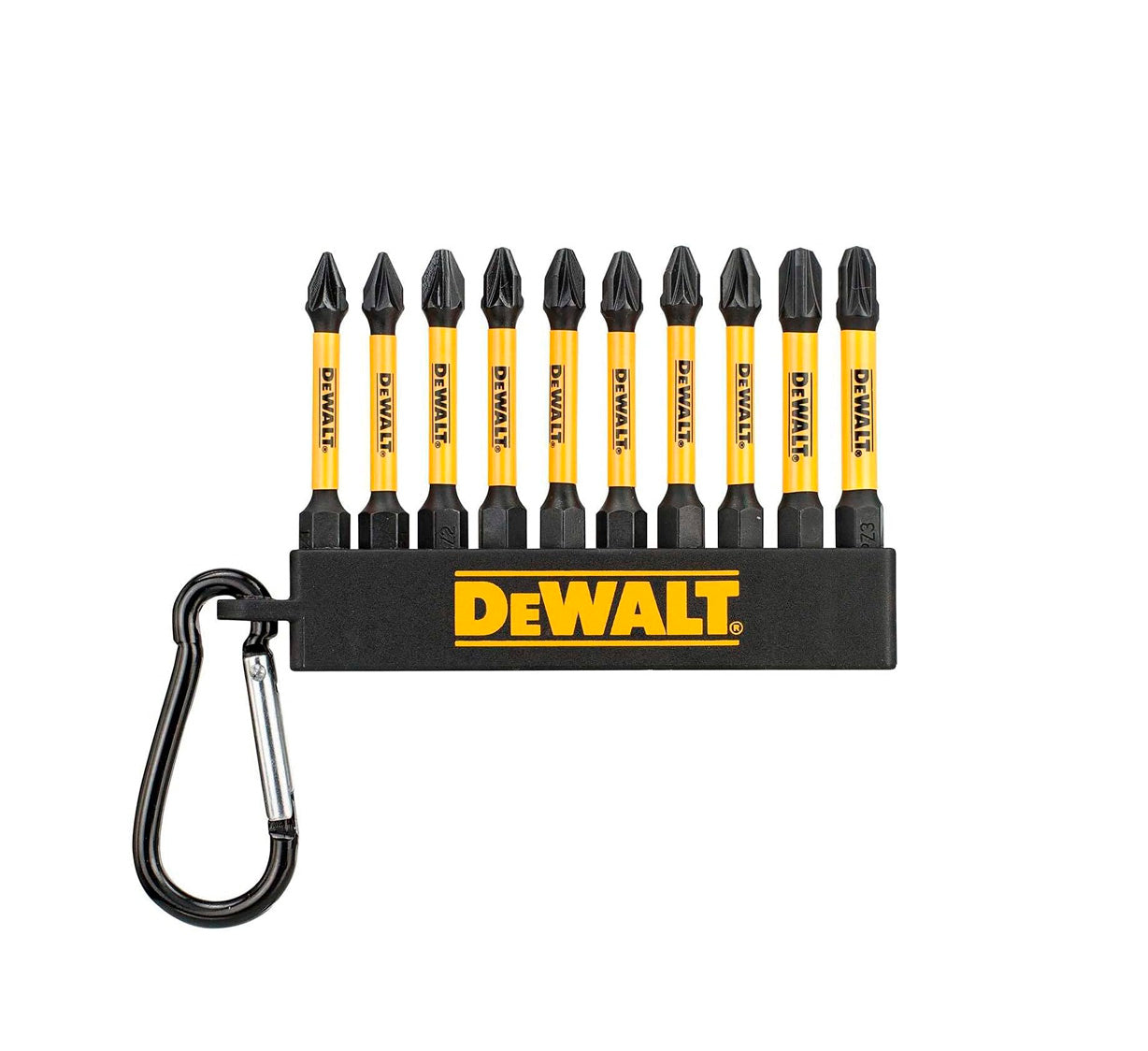 Jeu de 10 embouts FLEXTORQ 57mm PZ2 et PH2 avec mousqueton Dewalt DT7274