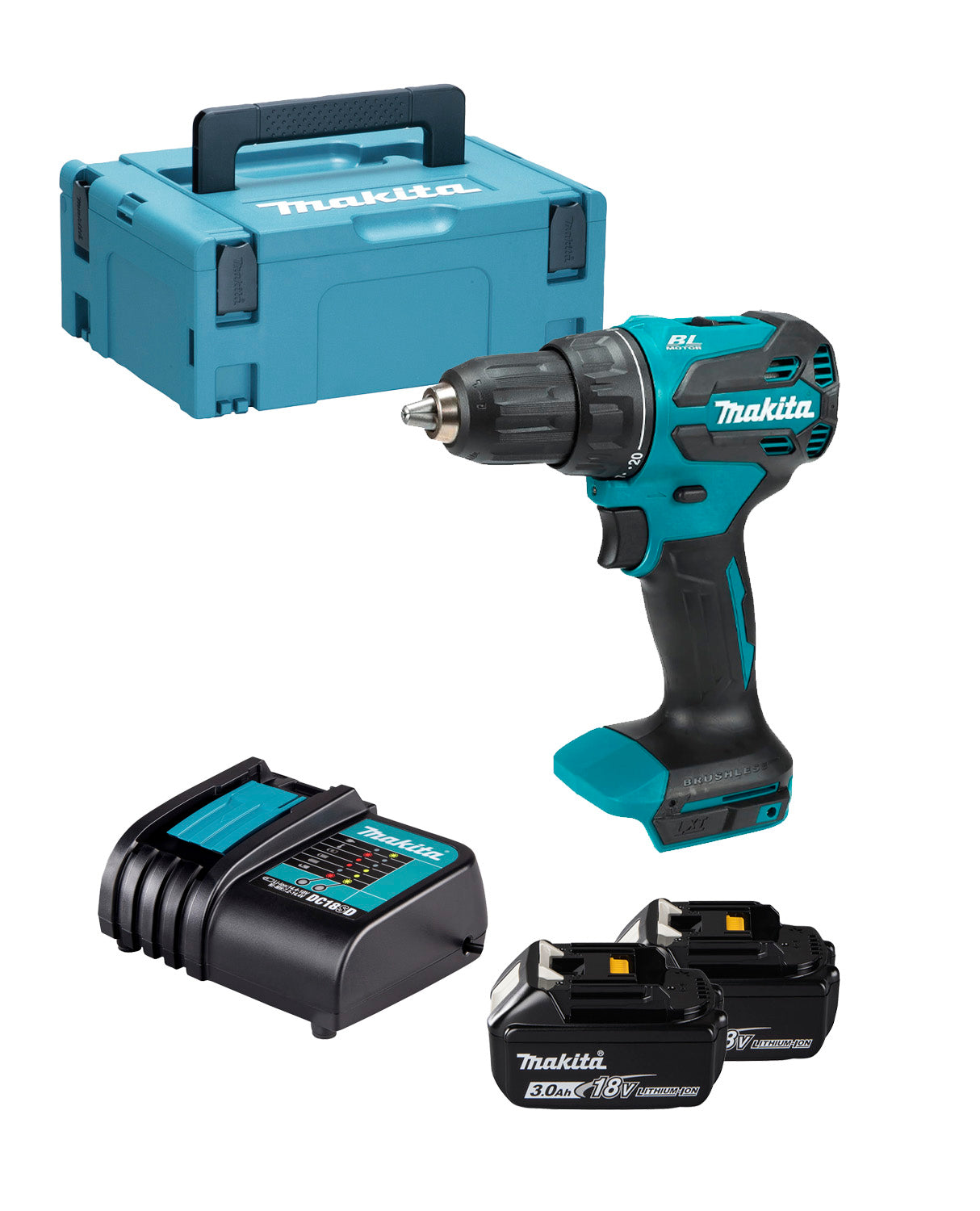 Perceuse-visseuse à percussion Makita DHP490SFJ 18V LXT BL avec 2 batteries 3 Ah, chargeur et coffret de transport
