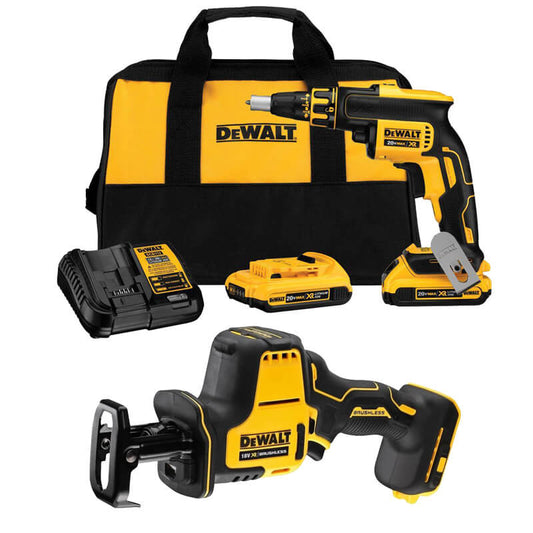 Coffret Dewalt DCK263D2 18V XR - Scie à plaques de plâtre DCS369 + Tournevis pour plaques de plâtre DCF620 + Sac + 2 Batteries LI-ION 2,0 Ah