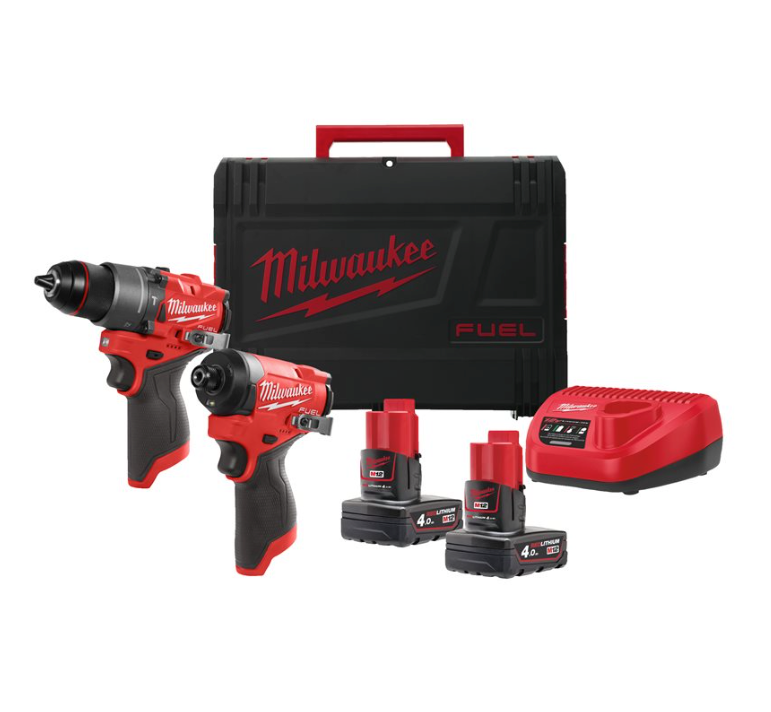 Pack d’outils : perceuse à percussion + visseuse à chocs + 2 batteries de 4,0 Ah + chargeur + mallette Milwaukee M12 FPP2A2-402X