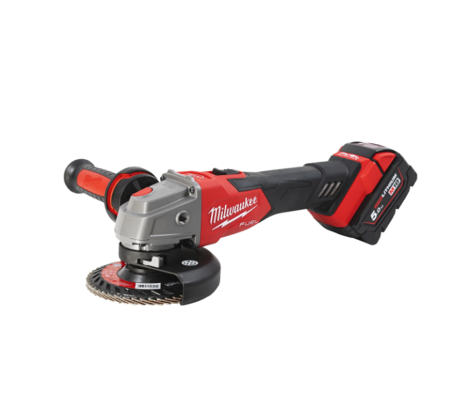 Meuleuse d’angle M18 125 mm avec frein et interrupteur à bouton + 2 batteries 5 Ah + chargeur + mallette Milwaukee M18 FSAG125XB-502X