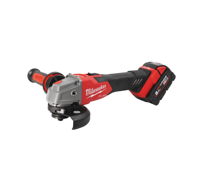 Meuleuse d’angle M18 125 mm avec frein et interrupteur à bouton + 2 batteries 5 Ah + chargeur + mallette Milwaukee M18 FSAG125XB-502X