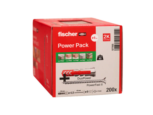 Boîte de chevilles DuoPower 6x30 + vis PowerFast II 4,5x40 Fischer 200 pièces