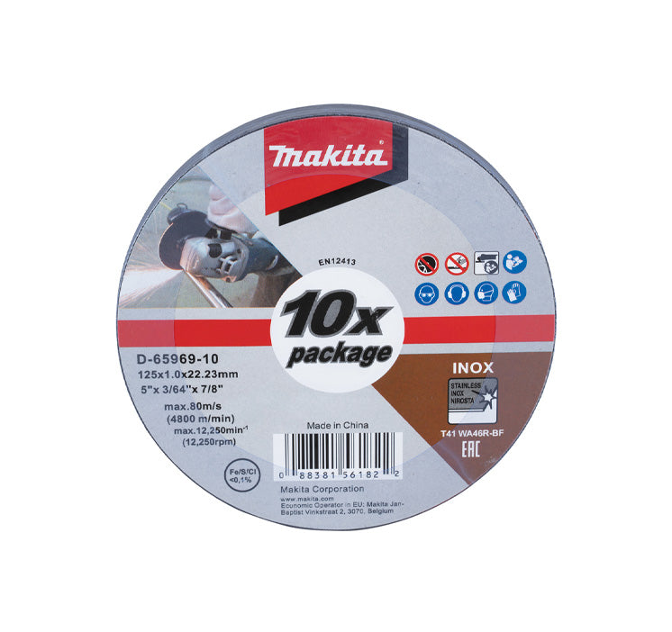 Boîte de 10 disques à tronçonner Makita D-65969-10 de 125 mm en acier inoxydable