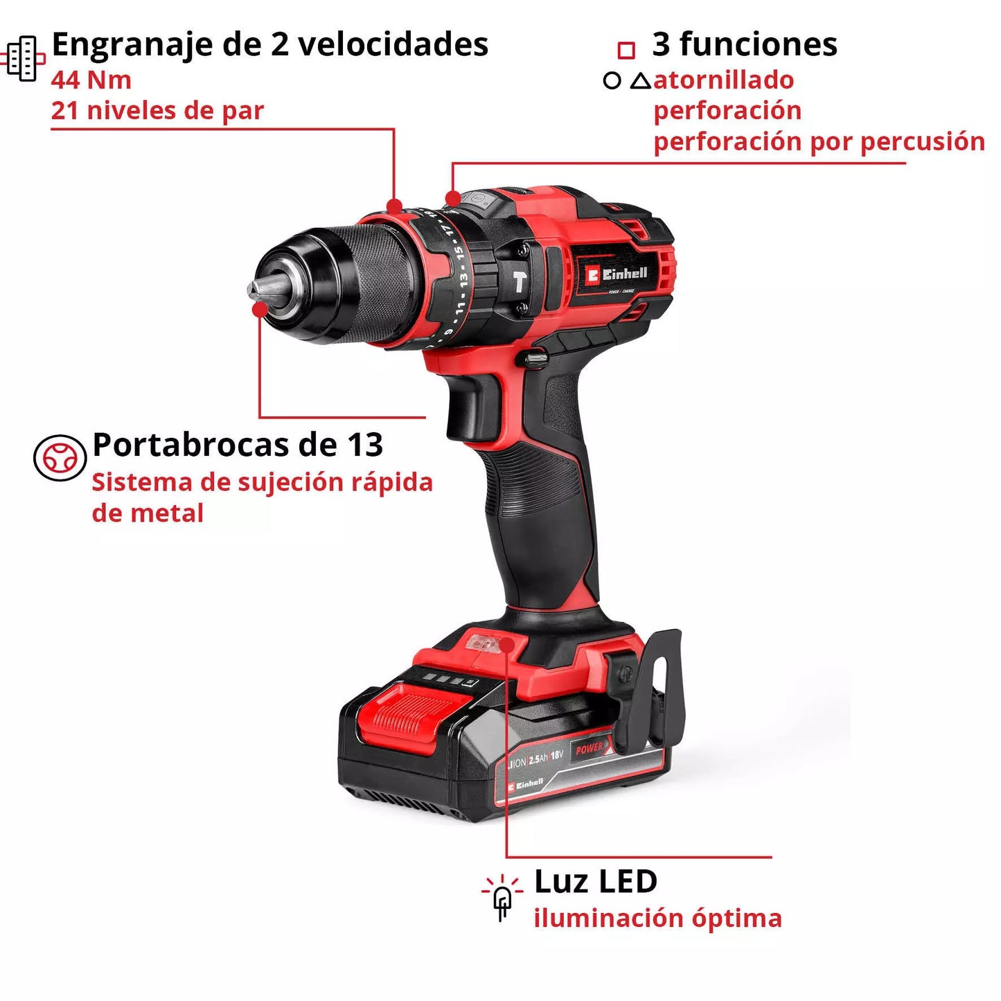 Taladro percutor a batería 18V con 2bat 2,5Ah y cargador TE-CD 18/44 Li-i Einhell