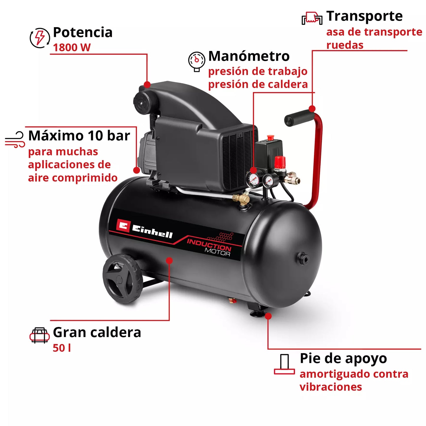 Compresseur d’air 50 L 1800 W Einhell TC-AC 270/50/10
