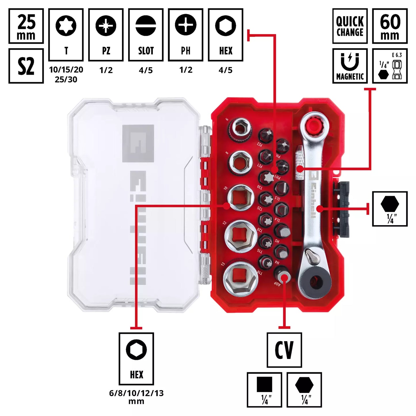 Coffret de douilles et d'embouts XS-CASE 21 pièces LS Einhell 49118683