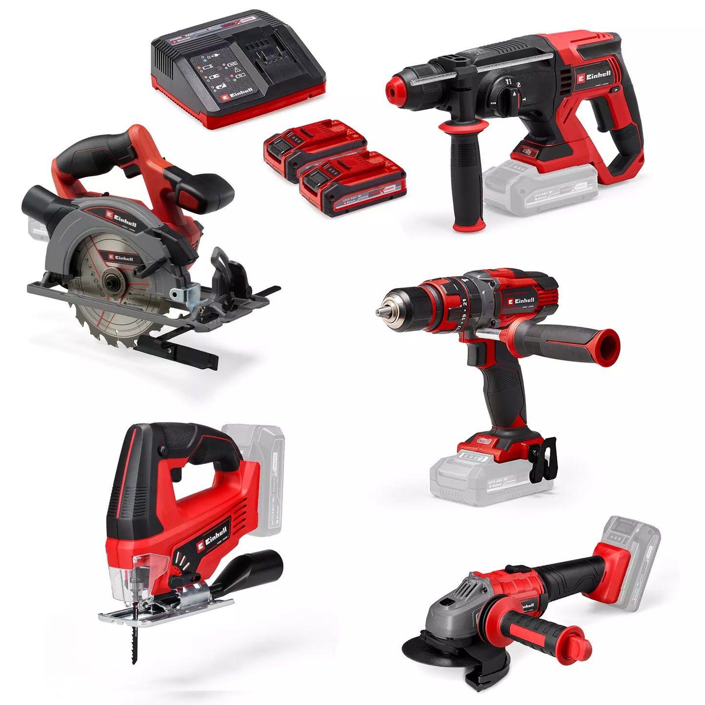 Kit de 5 outils électriques + 2 batteries + chargeur TE-TK 18/5 +2 (CD+CS+WS+JS+HD) Einhell