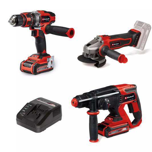 Set 18V Taladro + Martillo perforador + Amoladora + 2bat 3.0Ah + Cargador Einhell TE-TK 18/3 Li +2 (CD+AG+HD)