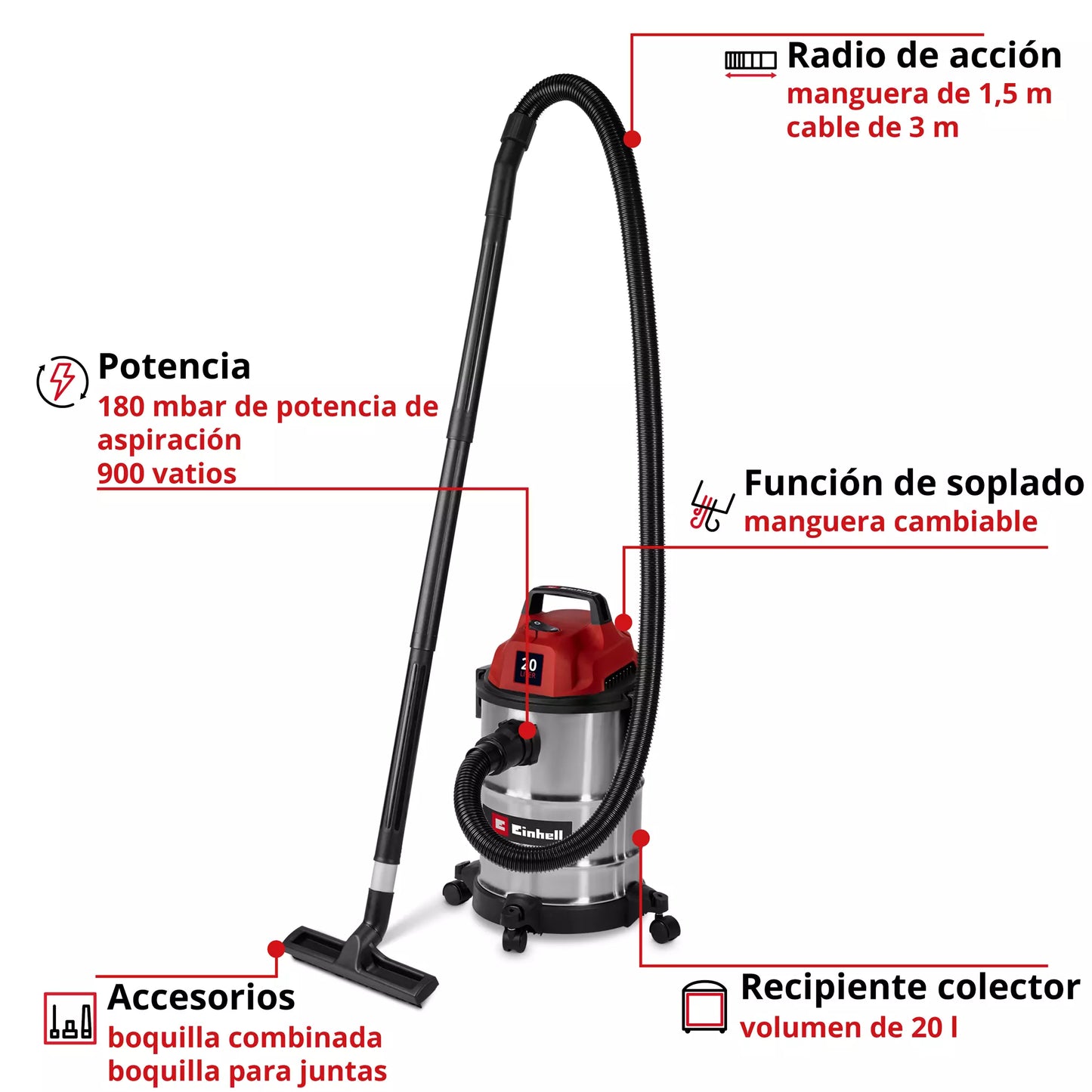 Aspirador en seco y húmedo 20L 900W Einhell TC-VC 2045 S