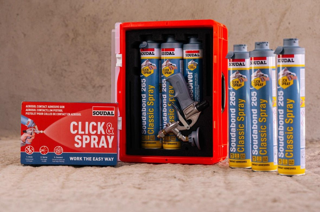 Kit de 5 bombes d’adhésif Soudabond 265 + pistolet + nettoyant Système Click&Spray Soudal
