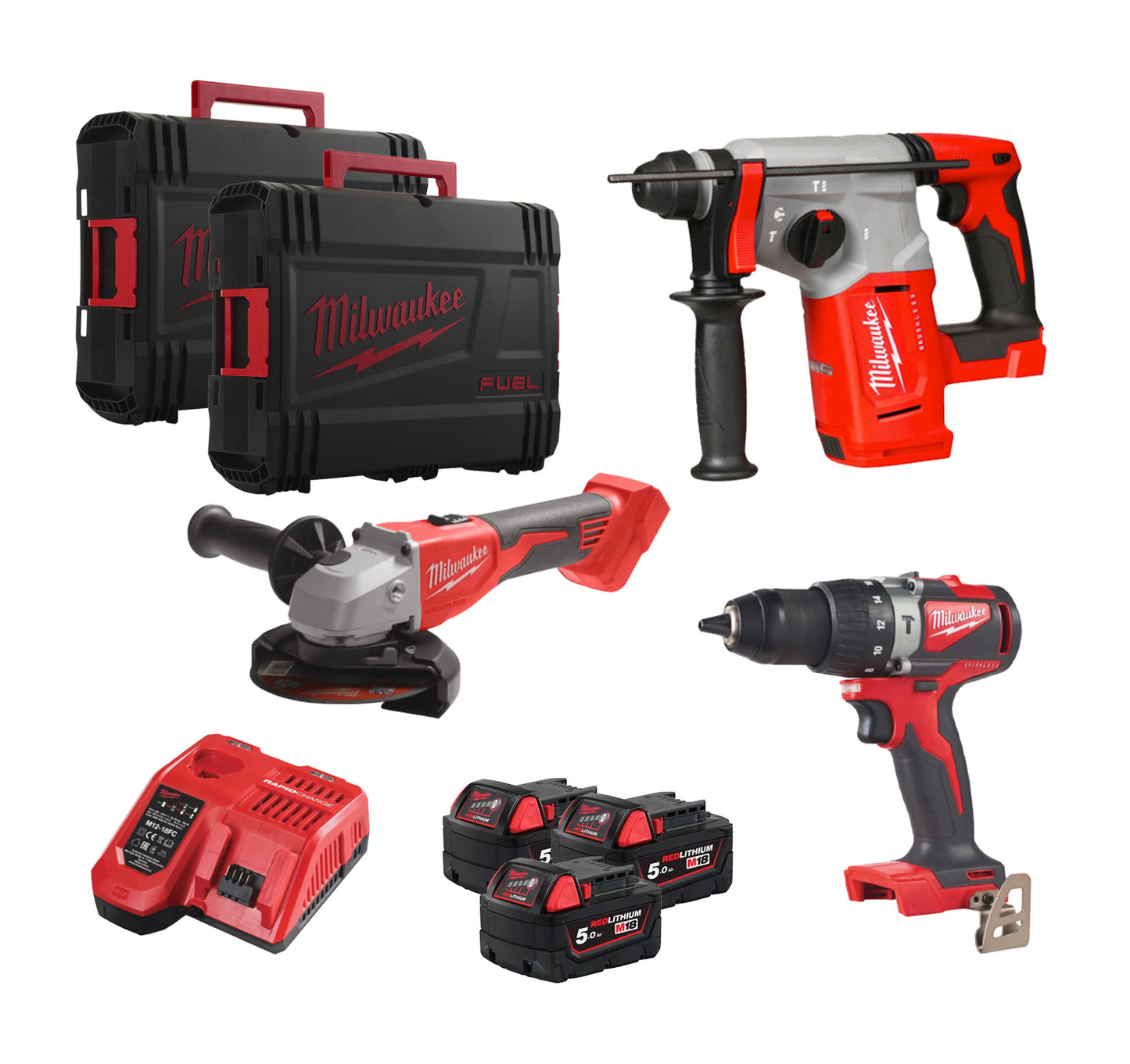 Pack de 3 outils + 3 batteries de 5 Ah + chargeur + mallettes Milwaukee M18 FPP3AG-503X