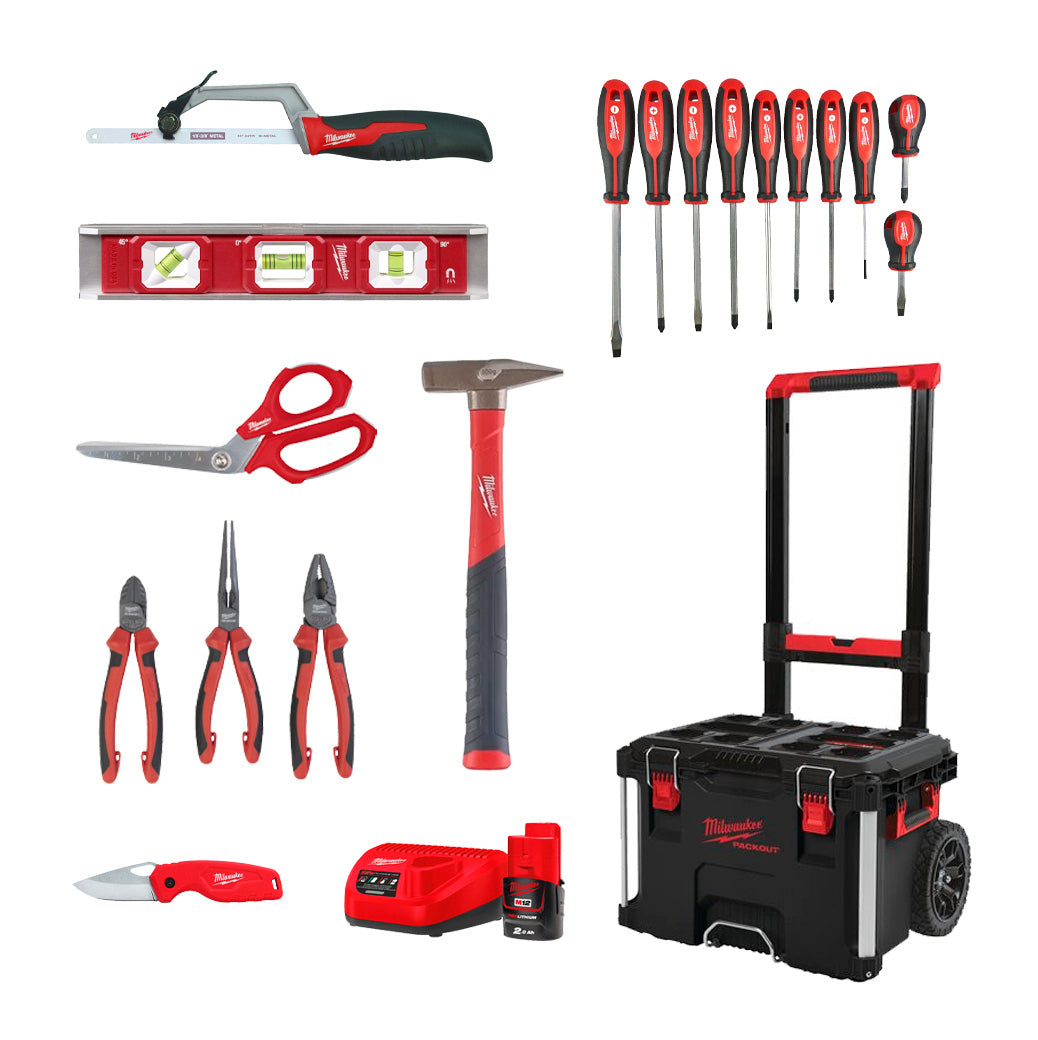 Ensemble spécial avec outils à main + chargeur + batterie + coffre de rangement à roulettes Milwaukee