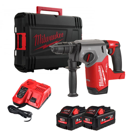 Marteau combiné SDS-Plus 26 mm avec Fixtec 2.5J + 2bat 5.5Ah + Chargeur + Mallette Milwaukee M18 FHX-5552X