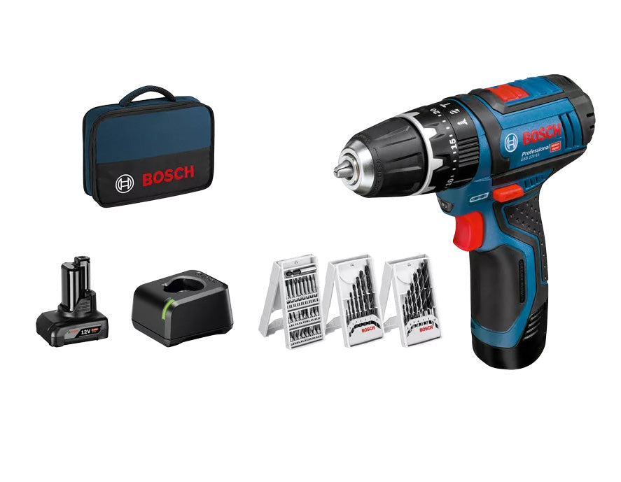 Perceuse GSB 12V-15 + batte 2Ah + jeu de 25 embouts + chargeur Bosch