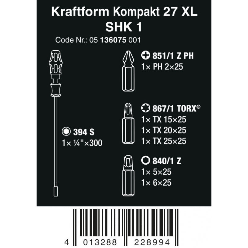 Tournevis porte-embouts à lame rigide 7 pièces Kraftform Kompakt 27 XL SHK 1 Wera