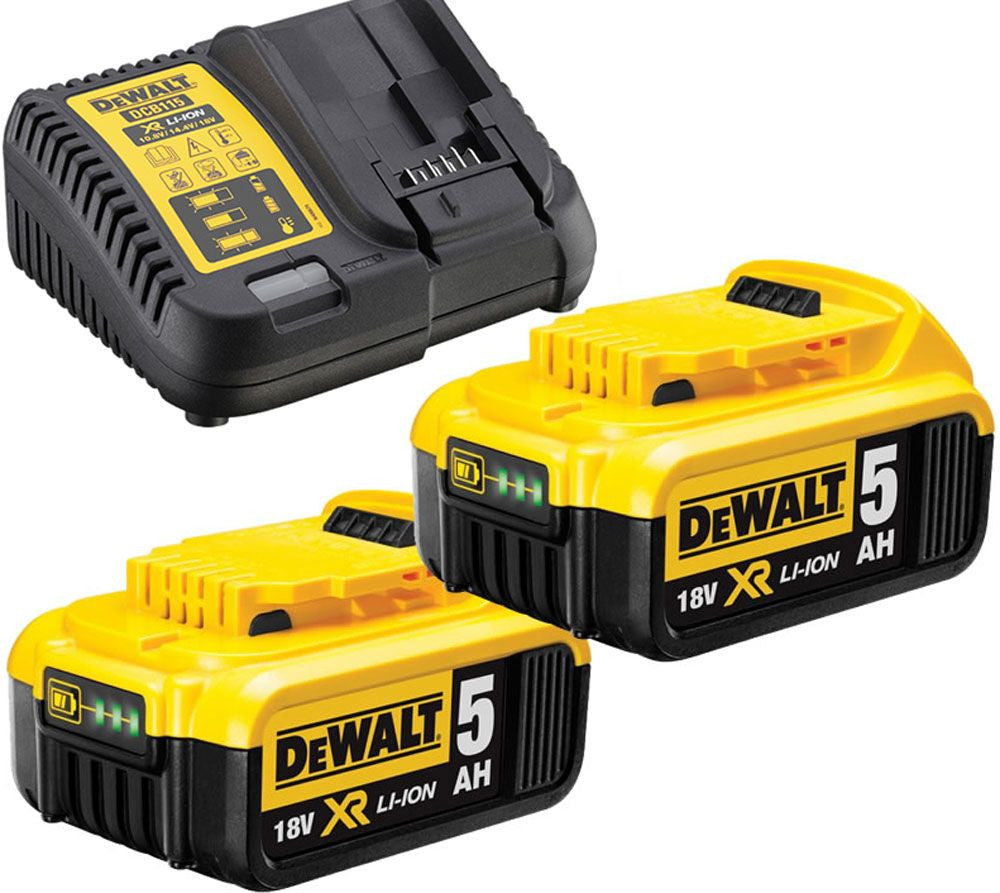 Jeu de 2 batteries XR LI-ION 5 A.H. Rail et chargeur Dewalt DCB115P2-QW